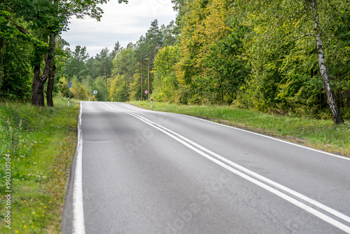 Fototapeta Naklejka Na Ścianę i Meble -  An asphalt road going through a forest in Masuria