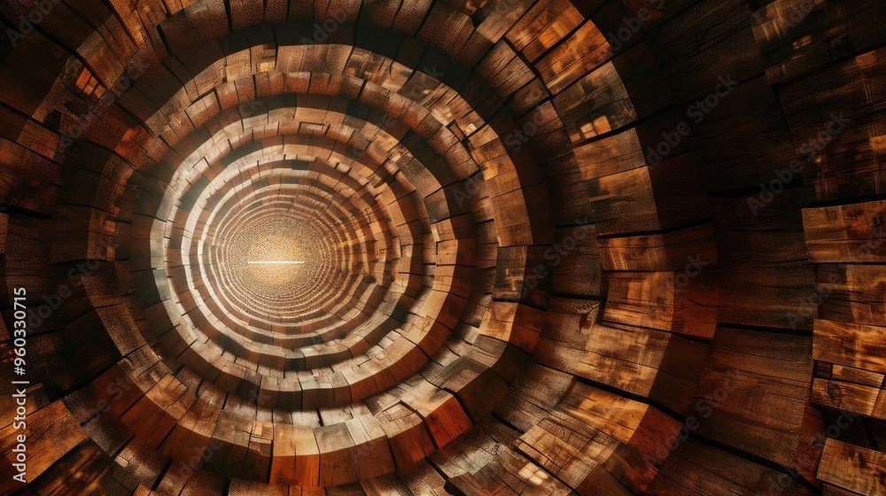 Fototapeta premium A captivating view inside a wooden tunnel, highlighting the symmetry and textures of the circular structure.