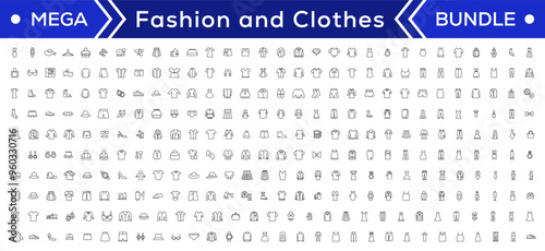 Fashion Minimal line icons collection. Jacket, Winter Coat, Sweatshirt, Dress, Hoody, Jeans, Hat icon for apps and website