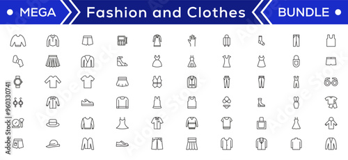 Fashion Minimal line icons collection. Jacket, Winter Coat, Sweatshirt, Dress, Hoody, Jeans, Hat icon for apps and website