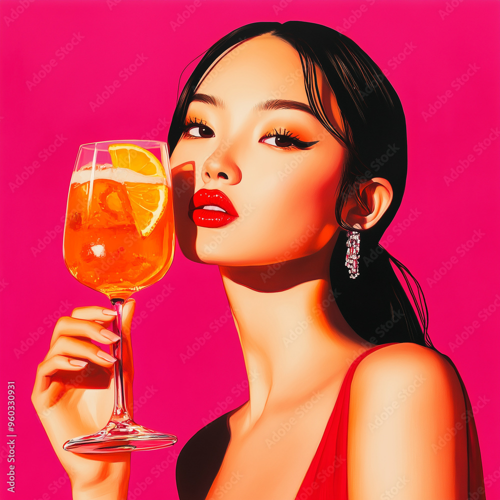 An Asia woman illustration photo with cocktail of Margarita, Espresso Martini, Cosmopolitan, Manhattan cocktail in a modern coupe glass, in an old-fashioned glass for bar advertisement An Asia woman illustration photo with cocktail of Margarita, Espresso Martini, Cosmopolitan, Manhattan cocktail in a modern coupe glass, in an old-fashioned glass for bar advertisement