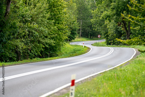 Fototapeta Naklejka Na Ścianę i Meble -  An asphalt road going through a forest in Masuria
