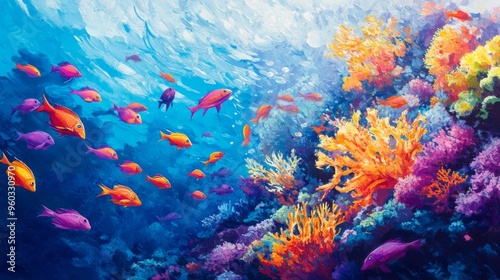 A vibrant underwater scene with a large school of colorful reef fish darting through coral reefs, showcasing their diversity and movement