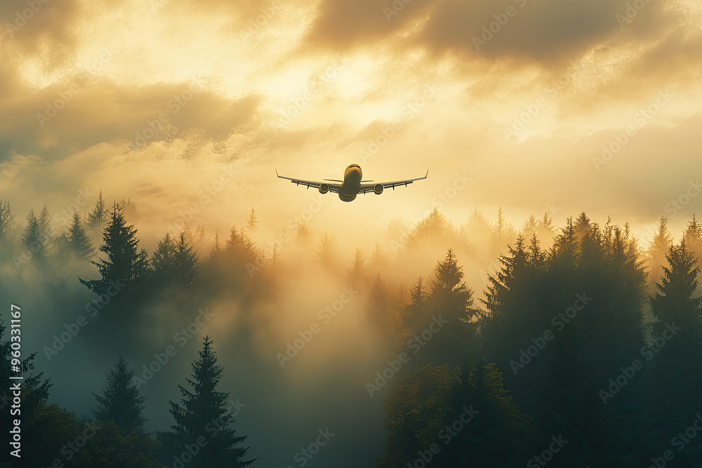 At sunset, an airplane flies over a forest, illustrating an environmentally sustainable biofuel concept. Golden sunlight illuminates the cloudy sky. At sunset, an airplane flies over a forest, illustrating an environmentally sustainable biofuel concept. Golden sunlight illuminates the cloudy sky.