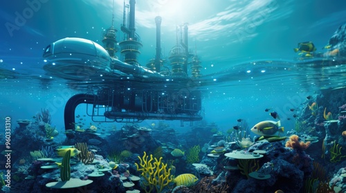 A futuristic concept of marine natural gas extraction using advanced technology, such as robotic submarines and automated drilling systems, in a clean, photo