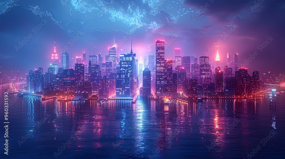 Cityscape on a dark background with bright and glowing neon purple and blue lights. Night city with futuristic urban architecture. Growing metropolis, city development neon colors. 3d rendering Cityscape on a dark background with bright and glowing neon purple and blue lights. Night city with futuristic urban architecture. Growing metropolis, city development neon colors. 3d rendering