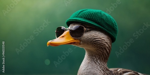 A duck wearing sunglasses and a green hat on a green background. photo