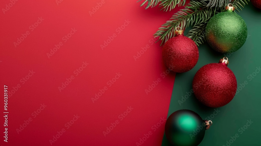 red and green decorative christmas balls on red background copy space. christmas concept