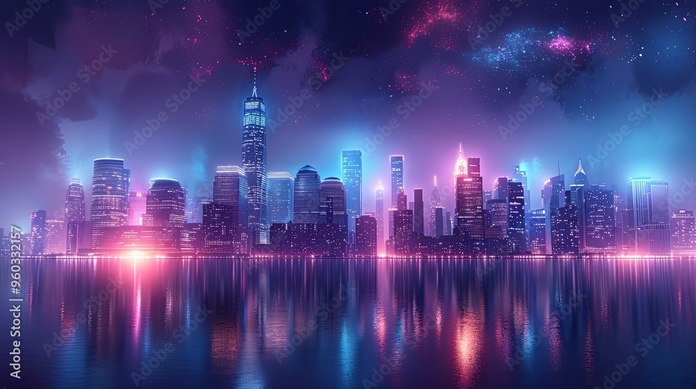 Fototapeta premium Cityscape on a dark background with bright and glowing neon purple and blue lights. Night city with futuristic urban architecture. Growing metropolis, city development neon colors. 3d rendering