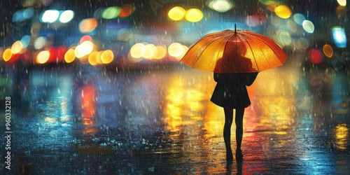 Wallpaper Mural Silhouette of a Person Holding an Orange Umbrella in the Rain at Night with City Lights Reflecting in Puddles Torontodigital.ca