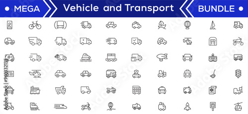 Vehicle and Transport line icon set. Containing car, bike, plane, train, bicycle, motorbike, bus and scooter icons. Transportation Simple line icon collections
