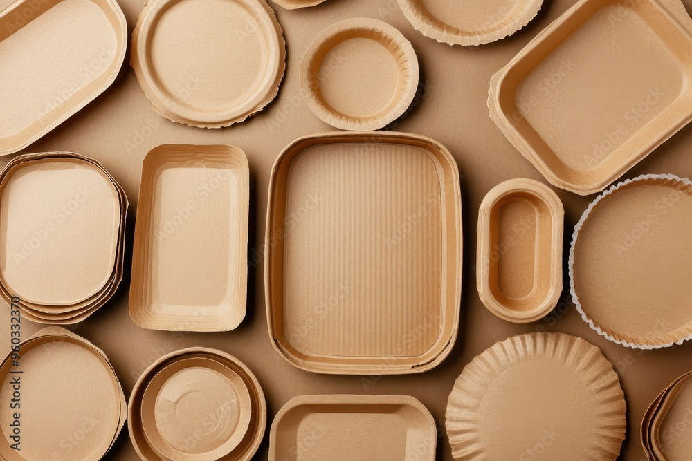 Collection of various beige disposable trays arranged on a flat surface, perfect for food service and catering. Collection of various beige disposable trays arranged on a flat surface, perfect for food service and catering.
