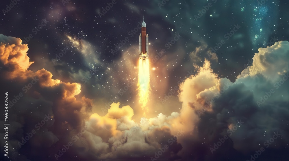 Obraz premium triumphant rocket blasting off into space symbolizing success and achievement aigenerated illustration