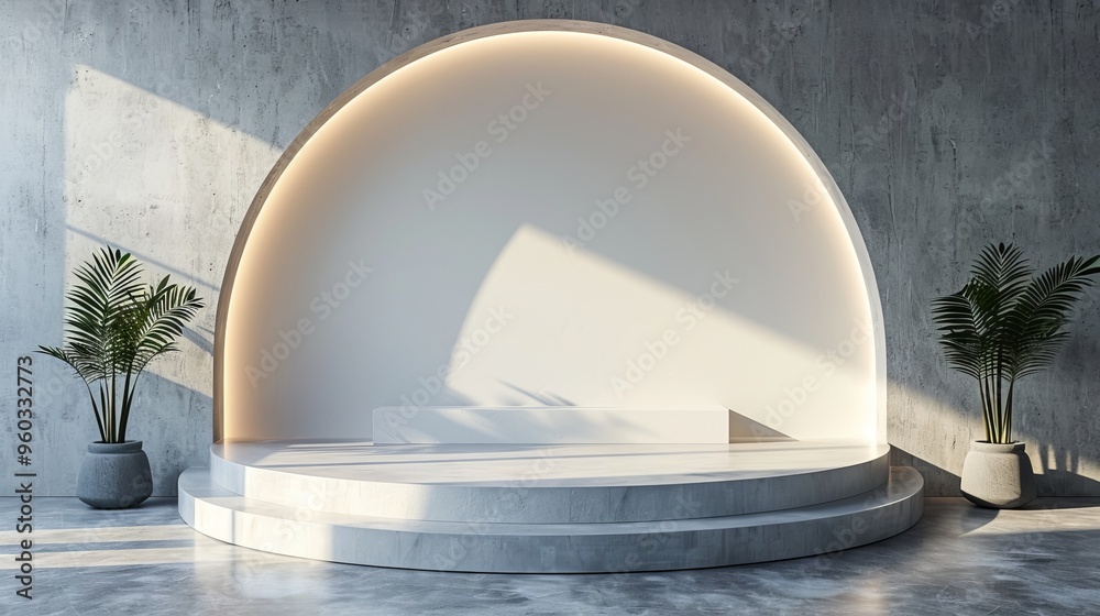 Modern interior showcasing a minimalist design with curved wall, elegant lighting, and vibrant greenery for a serene atmosphere. Modern interior showcasing a minimalist design with curved wall, elegant lighting, and vibrant greenery for a serene atmosphere.
