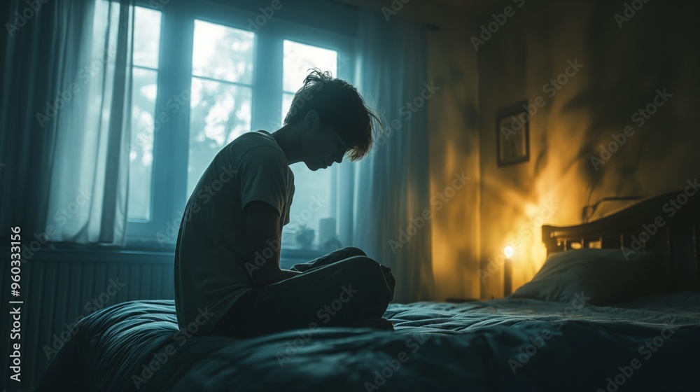 A young person sits on a bed in a dimly lit bedroom, showing signs of stress and worry, silhouetted by blue light from a window, evoking solitude. A young person sits on a bed in a dimly lit bedroom, showing signs of stress and worry, silhouetted by blue light from a window, evoking solitude.