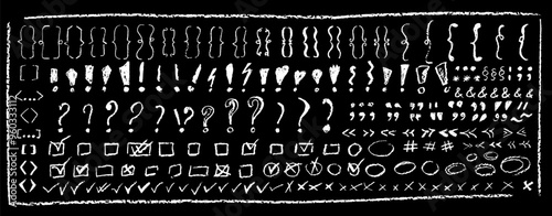 Set of children hand drawn crayon text symbols. Collection of white color pastel symbol brackets, question, circles, exclamation etc. Vector charcoal doodle shapes and squiggles in childish style