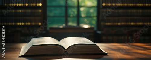 an inviting library scene, an open book placed on a table in the foreground. Out of the book , symbolizing the study of law.  photo