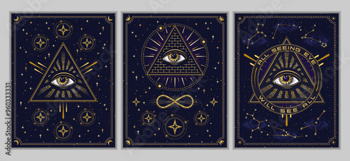 Posters, cards with with all seeing eye, eye of providence in pyramid. Concept of harmony of universe, wisdom, secret knowledge, extended mind. Mystical boho illustration in vintage style.