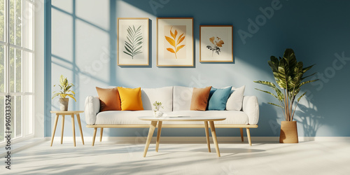 Beautiful House or apartment livingroom interior design for a mockup home decor model concept, Sofa with pillows and abstract poster art, bright sun light coming through windows