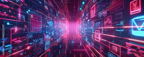 Futuristic digital tunnel with vibrant neon colors, representing advanced technology and data movement in a virtual space.