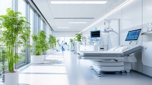 Modern Hospital Room with Medical Equipment and Plants