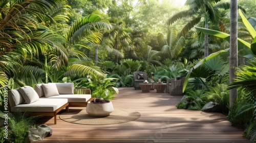 tropical exterior terrace with lush green garden wooden decking outdoor furniture nature retreat digital illustration