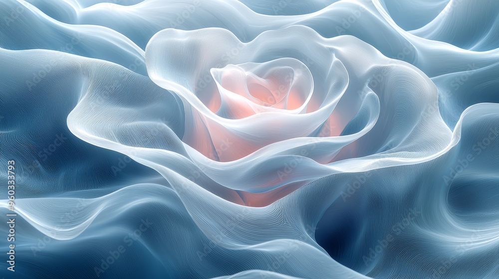 Obraz premium A delicate pink rose gracefully emerges from billowing, translucent layers of soft blue fabric, creating an ethereal visual experience