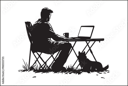 camping Silhouette of a Man Working on Laptop in Nature photo