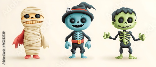 A vector set of 3 Halloween characters in 3d clay design, a Mummy, a Frankenstein with the silly face, and a Skeleton, adorable and festive, isolated on a clean pastel color background photo