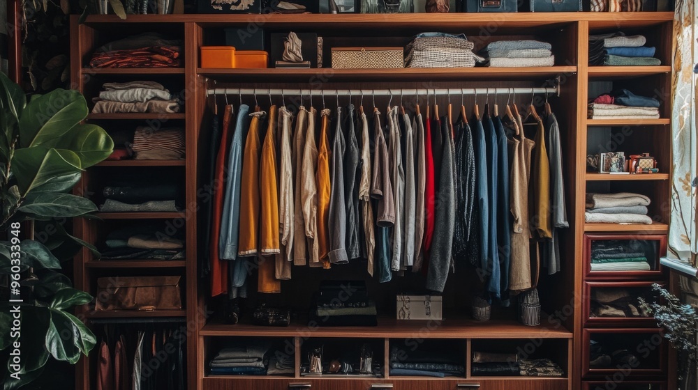 A well-organized wardrobe with a mix of hanging clothes, folded items on shelves, and accessories in compartments, showcasing a practical and aesthetic storage solution A well-organized wardrobe with a mix of hanging clothes, folded items on shelves, and accessories in compartments, showcasing a practical and aesthetic storage solution