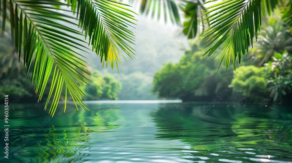 tropical jungle leaves framing clear water with copyspace product showcase background tropical jungle leaves framing clear water with copyspace product showcase background
