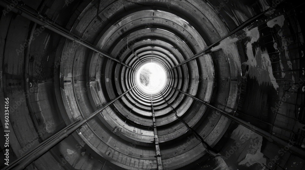 A captivating view looking up a cylindrical structure, revealing a bright light at the end, creating a sense of depth and perspective. A captivating view looking up a cylindrical structure, revealing a bright light at the end, creating a sense of depth and perspective.