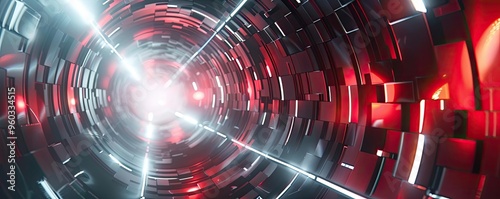 Futuristic tunnel with glowing lights and dynamic reflections, conveying a sense of speed and technology. photo