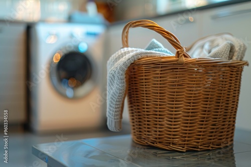 Laundry basket on blurred background of modern washing machine