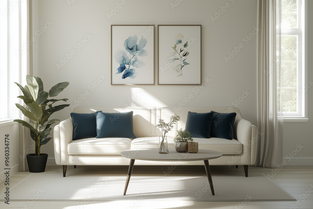 Fototapeta premium Beautiful House or apartment livingroom interior design for a mockup home decor model concept, Sofa with pillows and abstract poster art, bright sun light coming through windows