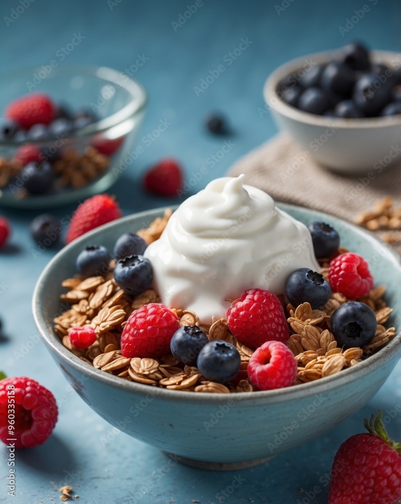 Granola with yogurt and berries in bowl on a blue background. Granola with yogurt and berries in bowl on a blue background.