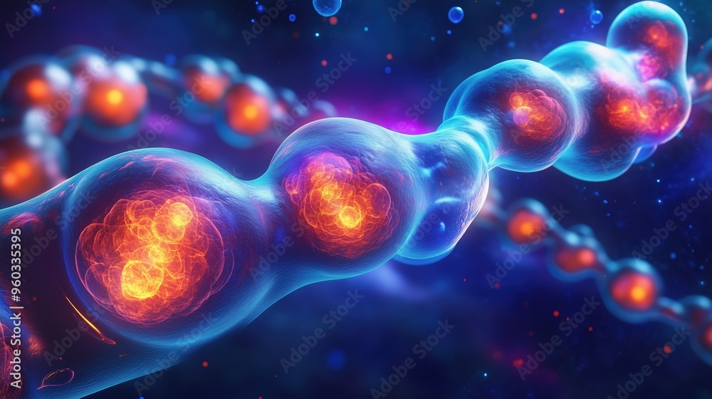 Obraz premium Abstract futuristic background with glowing spheres and molecules in dark blue space, showcasing a close-up view of isolated human cell structures. The 3D rendering highlights biotechnology concepts t