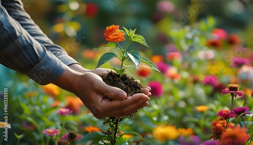 Nurturing growth in a vibrant flower garden, a hand gently cradling a young plant amidst a kaleidoscope of colors