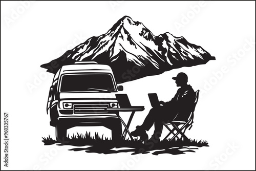 camping Silhouette of a Man Working on Laptop in Nature photo