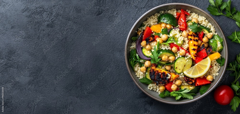 A large bowl of couscous salad with grilled vegetables and chickpeas, topped with a lemon-tahini dressing A large bowl of couscous salad with grilled vegetables and chickpeas, topped with a lemon-tahini dressing