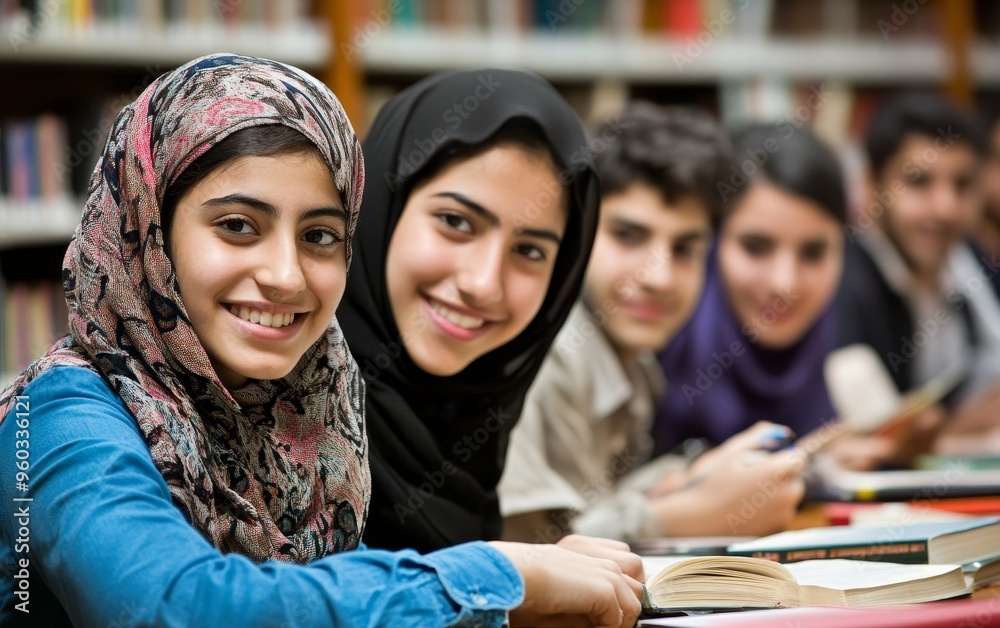 A group of smiling students in a library, engaged in study and collaboration.