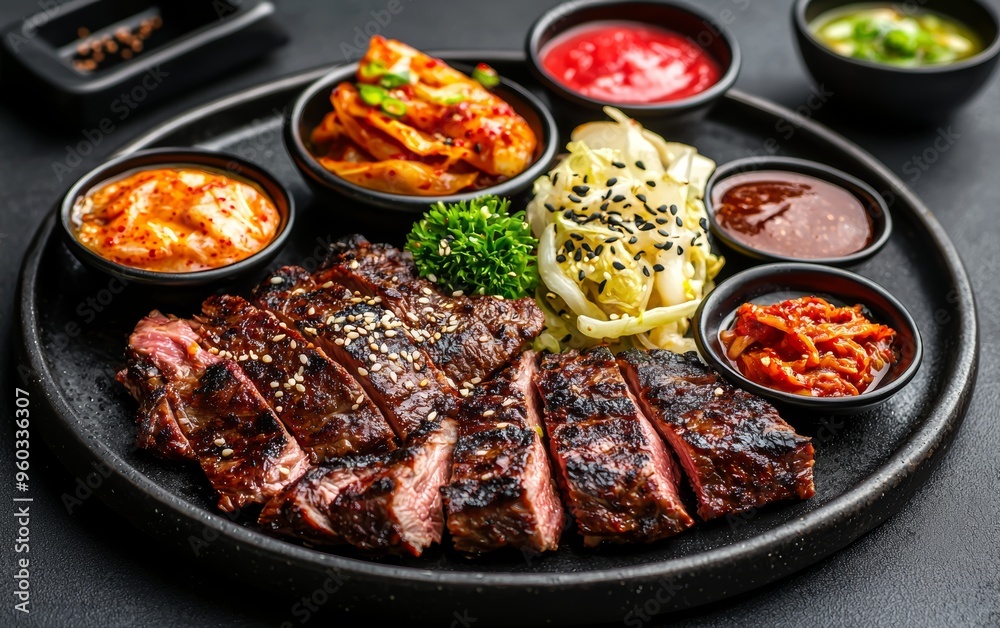 A plate of Korean BBQ with grilled beef, kimchi, and various dipping sauces, served at a bustling restaurant A plate of Korean BBQ with grilled beef, kimchi, and various dipping sauces, served at a bustling restaurant