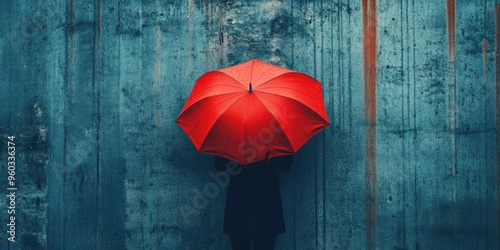 Red Umbrella Held Against a Teal Wall with Water Streaks
