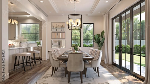 Transitional dining room with upholstered chairs and modern chandelier
