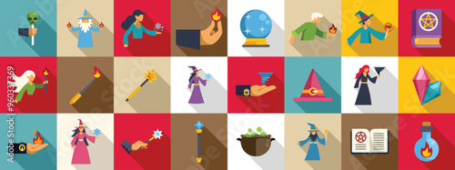 Cast spell icons set. Wizards and witches performing magic tricks and spells icons set in flat style for any design
