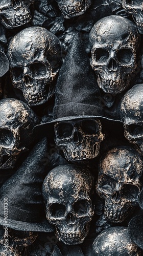 An eerie arrangement of skulls wearing witches' hats on a dark background, blending Halloween elements with a gothic touch, creating a haunting and festive image.