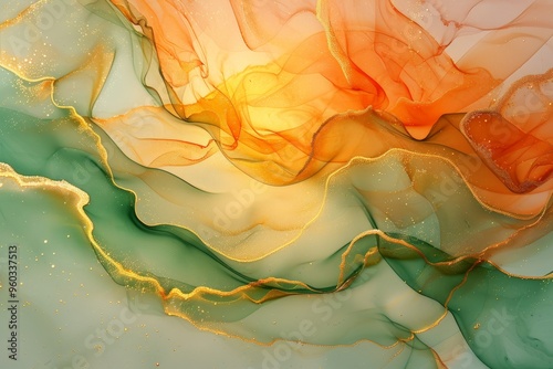 A mesmerizing abstract fluid art piece with flowing layers of orange, gold, and green, creating a serene and vibrant visual effect. photo