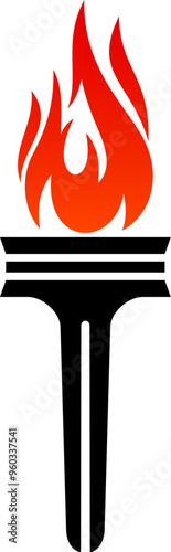 Torch flame icon. Victory and freedom, liberty and champion fire. Isolated vector emblem features red flame on a black torch handle, symbolizing triumph, success, power, achievement and leadership