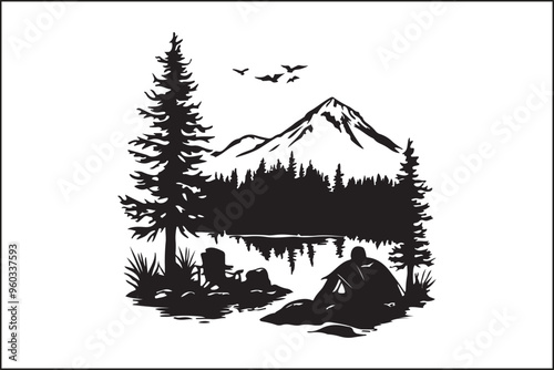 camping Silhouette of a Man Working on Laptop in Nature photo