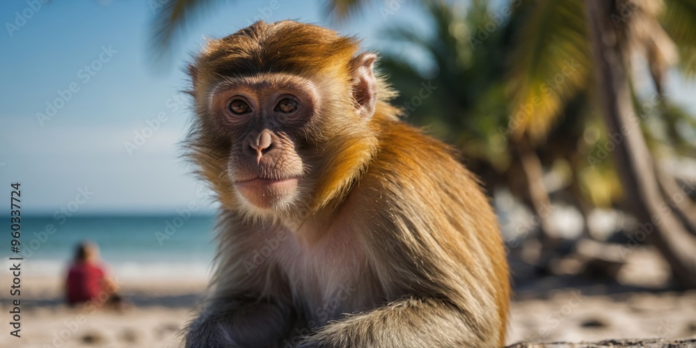 Fototapeta premium Monkey enjoying a tropical beach vacation.